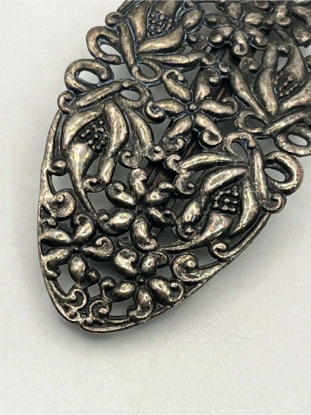 Art Nouveau style silver tone flower filigree oval hair clip barrette